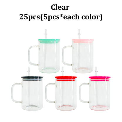 25 Pack USA Warehouse 17oz Clear&Frosted Glass Mugs With Lids and Straw for Blank Sublimation UV DTF Wraps and Vinyl