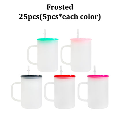 25 Pack USA Warehouse 17oz Clear&Frosted Glass Mugs With Lids and Straw for Blank Sublimation UV DTF Wraps and Vinyl