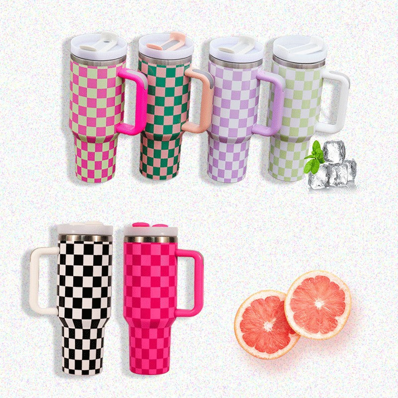 20Pack H2.0 40oz 3D Printed Checkerboard Design Tumblers with Handle Multi-color Plaid Double Wall Stainless Steel Water Mugs