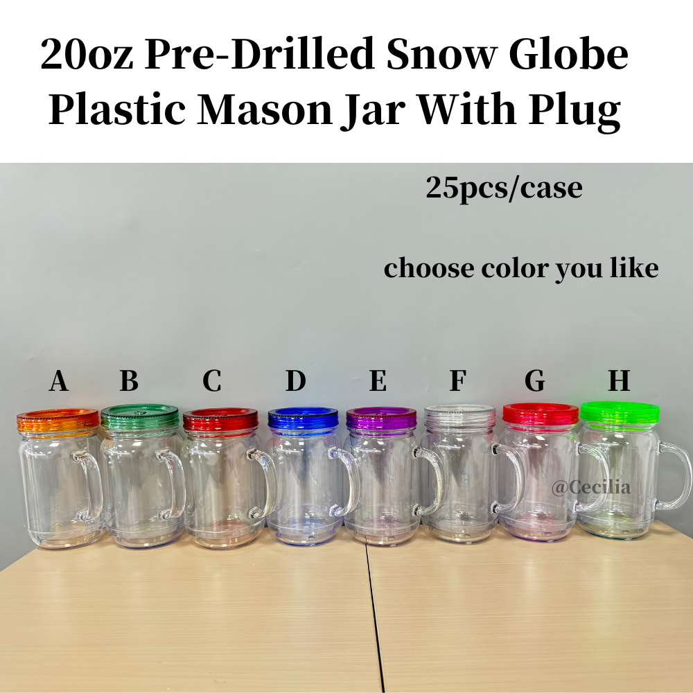 25 Pack China Warehouse 20oz Acrylic Style Pre-Drilled Hole Snow Globe Mason Jar with Plug Double Wall Plastic Cups With Colorful Lids