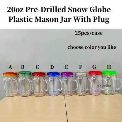 25 Pack China Warehouse 20oz Acrylic Style Pre-Drilled Hole Snow Globe Mason Jar with Plug Double Wall Plastic Cups With Colorful Lids