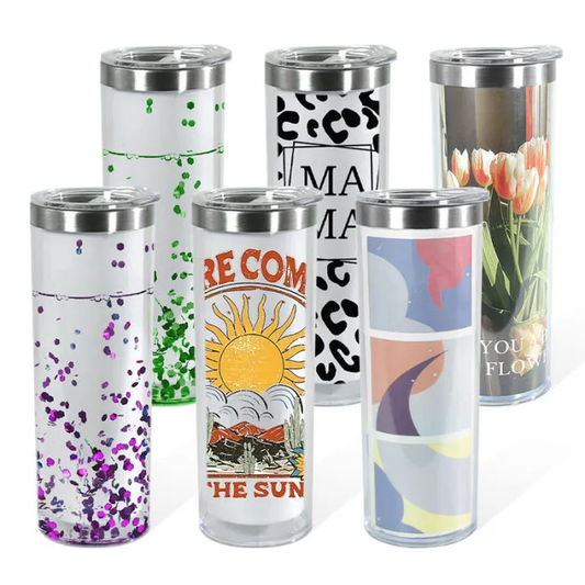 20oz Outside Sublimation Stainless Steel Tumblers Inner Snow Globe White Plastic Can 25 Pack USA Warehouse