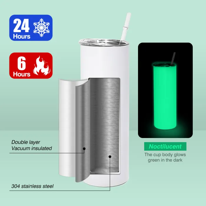 20oz Glow In The Dark To Green Blue Color Blank Sublimation Skinny Tumblers 25Pack USA Warehouse