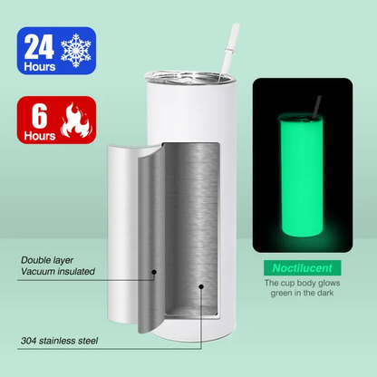20oz Glow In The Dark To Green Blue Color Blank Sublimation Skinny Tumblers 25Pack USA Warehouse