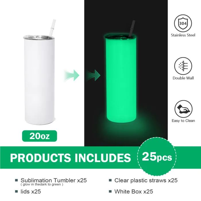 20oz Glow In The Dark To Green Blue Color Blank Sublimation Skinny Tumblers 25Pack USA Warehouse