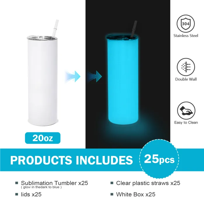 20oz Glow In The Dark To Green Blue Color Blank Sublimation Skinny Tumblers 25Pack USA Warehouse