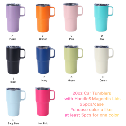 20oz Powder Coated Car Tumblers with Handle and Black Magnetic Lids Suitable for Laser Engraving 25pcs China Warehouse