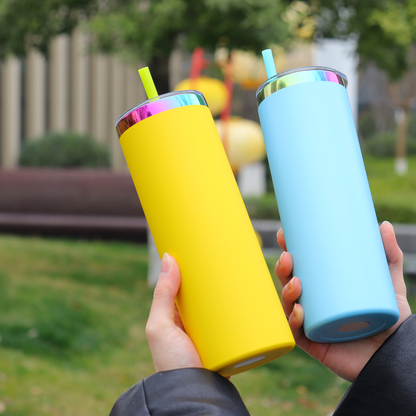 20oz Rainbow Plated Straight Tumblers With Colored PP Straw for Laser Engraving 25 Pack USA Warehouse