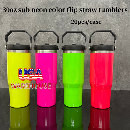 20Pack USA Warehouse 30oz Neon Color Blank Sublimation Flip Straw Water Bottles Outdoor Tumblers