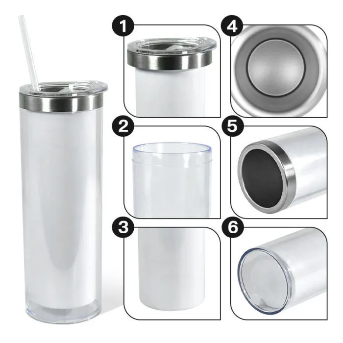 20oz Outside Sublimation Stainless Steel Tumblers Inner Snow Globe White Plastic Can 25 Pack USA Warehouse