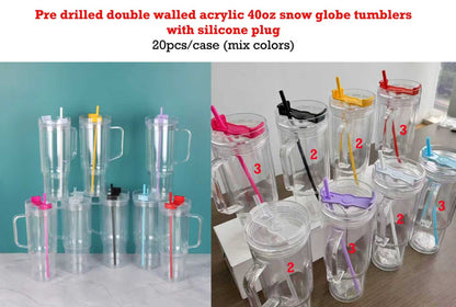 40oz Pre Drilled Hole Snow Globe Plastic Mugs 20 Pack USA Warehouse