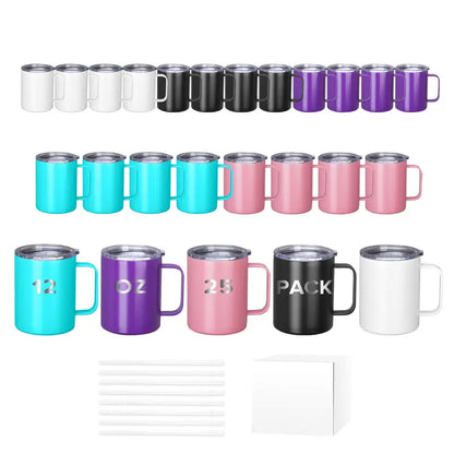 25Pack USA Warehouse 12oz Power Coated Stainless Steel Mugs and Wine Tumblers for Laser Engraving