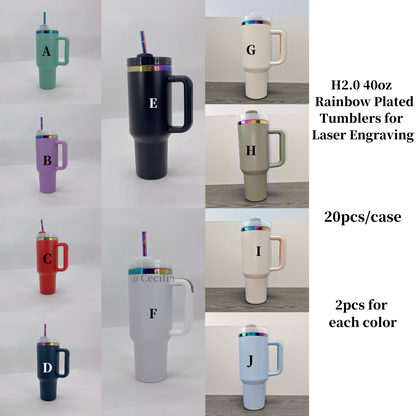 20Pack H2.0 40oz 🌈Rainbow Plated Tumblers Powder Coated Stainless Steel Quencher Tumbler for Laser Engraving