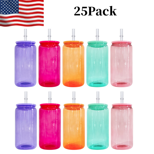 25Pack 16oz Jelly Color Blank Sublimation Glass Can With Colorful Lids and Clear Plastic Straw Also Work for UV DTF Wraps