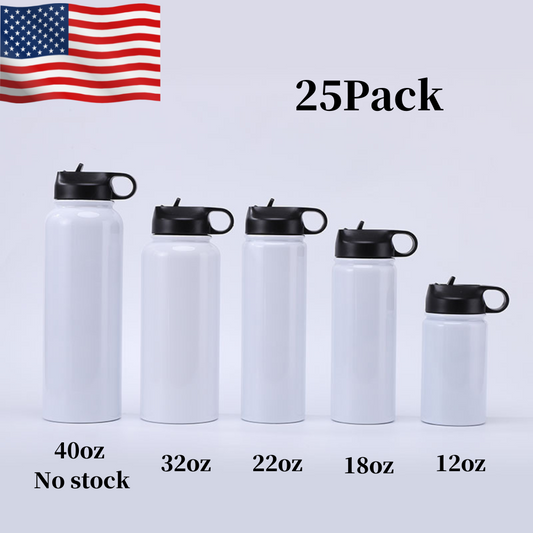 25Pack USA Warehouse 12oz 18oz 22oz 32oz Blank Sublimation Tumblers with Black Lids Stainless Steel Water Bottles for Heat Press