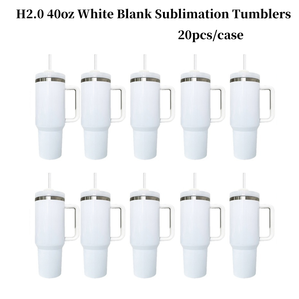 20 Pack 40oz H2.0 White Blank Sublimation Travel Tumblers Glossy White Double Wall Stainless Steel Water Bottles for DIY