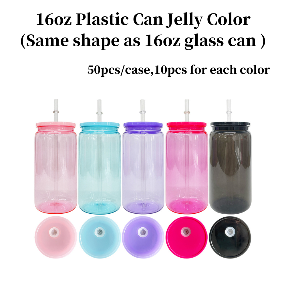 50 Pack BPA Free Children 16oz Jelly Color Plastic Can With Colorful Lids Suitable for UV DTF Wraps and Vinyl (Same as glass can shape)