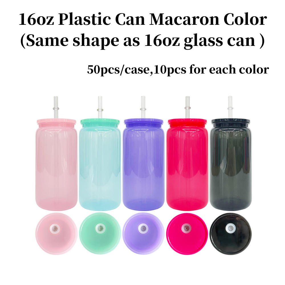 50 Pack 16oz Macaron Color Acrylic Plastic Can with Straw and Lids for Vinyl/UV DTF Sticker(Same as glass can shape)