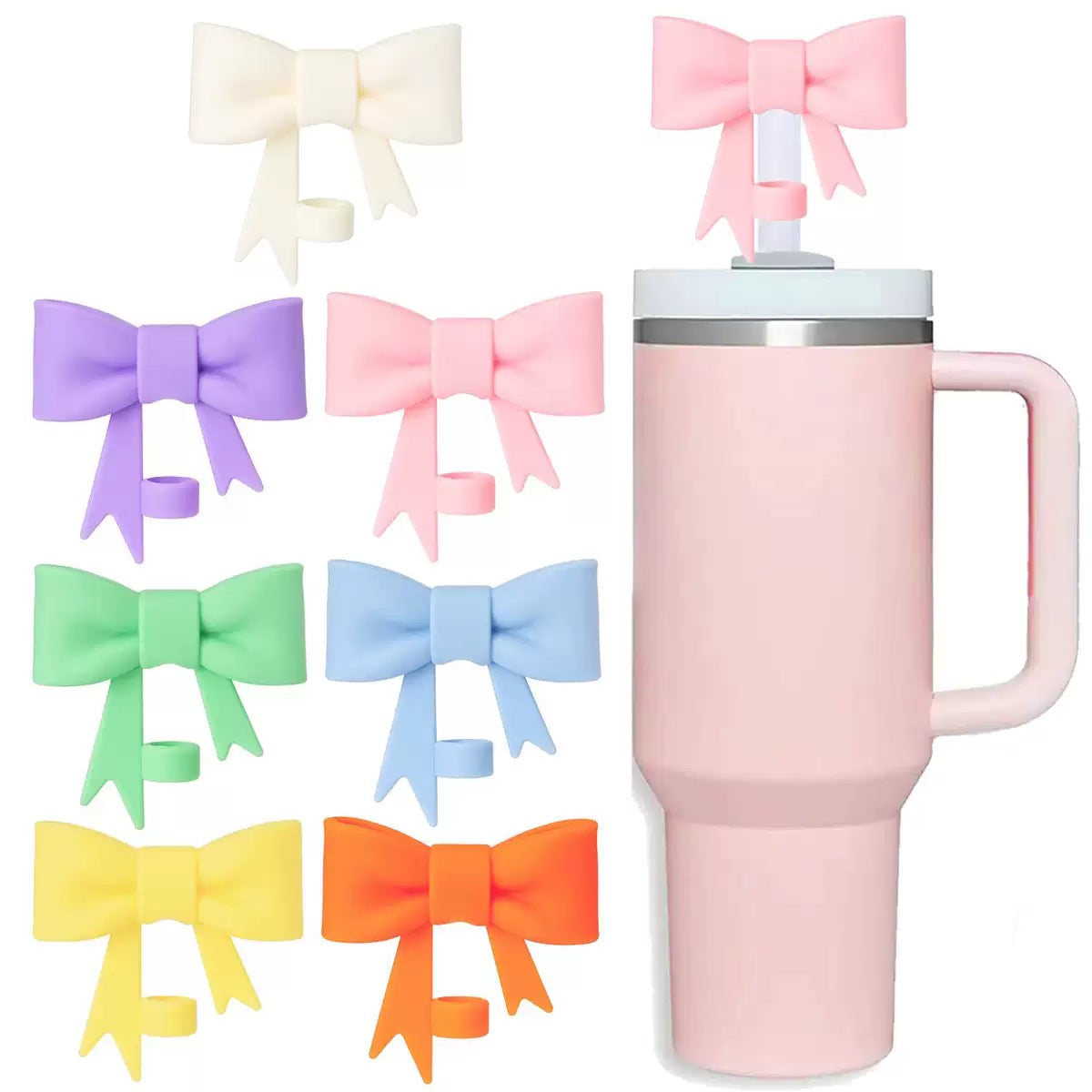 100 Pack China Warehosue 10mm Cute Bow Straw Topper Bulk Compatible with Stanley 30/40 oz Tumbler Cups Silicone Lids Protectors Reusable Drinking Straw Cover