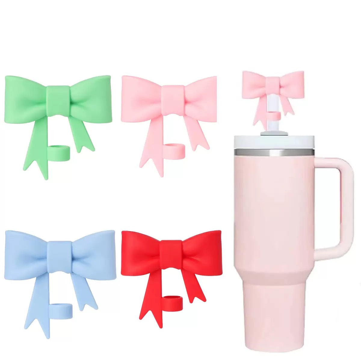 100 Pack China Warehosue 10mm Cute Bow Straw Topper Bulk Compatible with Stanley 30/40 oz Tumbler Cups Silicone Lids Protectors Reusable Drinking Straw Cover