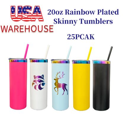 25 Pack USA Warehouse 20oz Rainbow Plated Straight Tumbler With Colored PP Straw for Laser Engraving