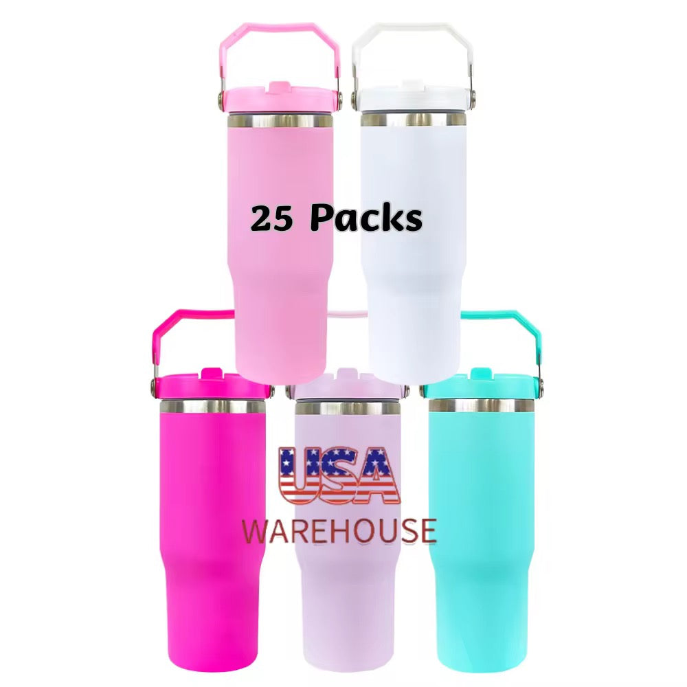 25Pack USA Warehouse 30oz Matt Color Flip Straw Tumblers for Sublimation Double Wall Metal Water Bottles also Work for UV DTF Wraps