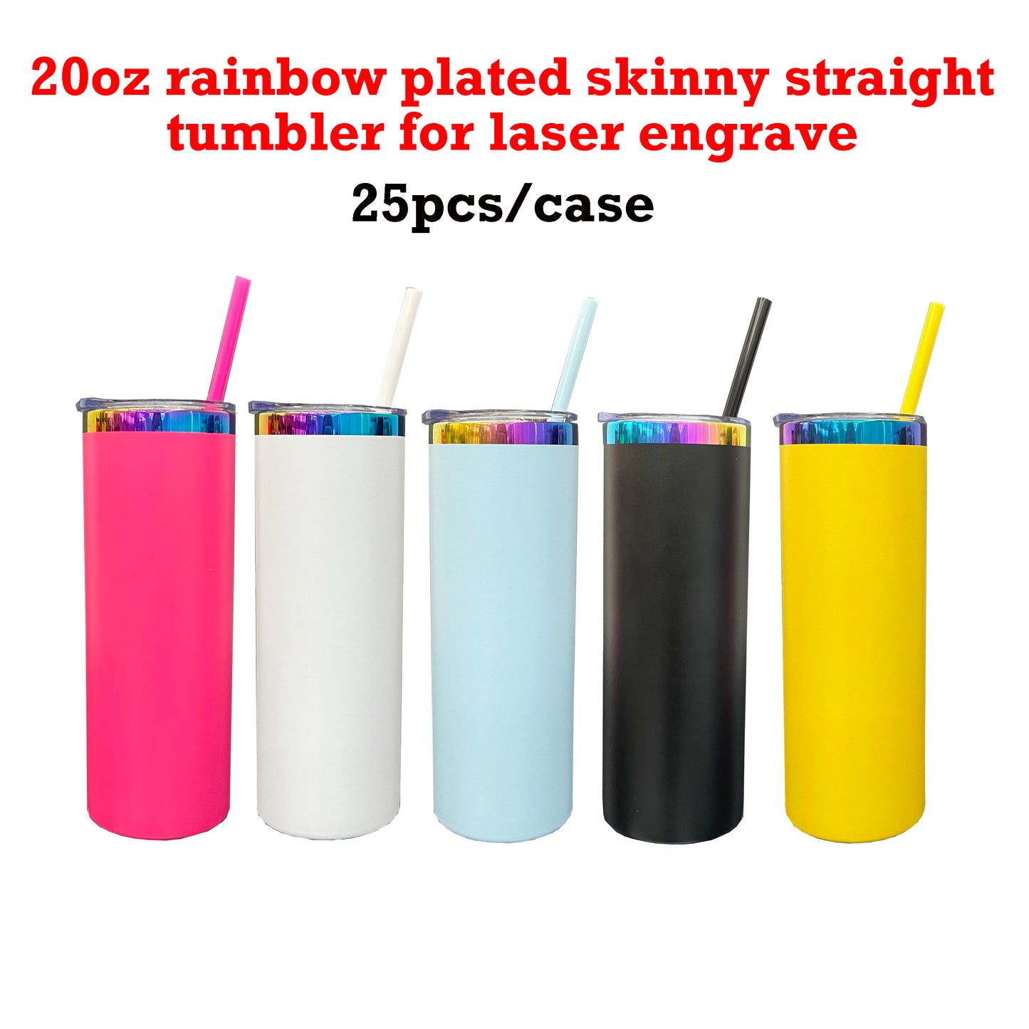 25 Pack USA Warehouse 20oz Rainbow Plated Straight Tumbler With Colored PP Straw for Laser Engraving