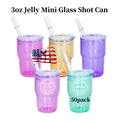 50Pack USA Warehouse 3oz Mini Cute Jelly Color Sublimation Glass Can with Lids and Straw