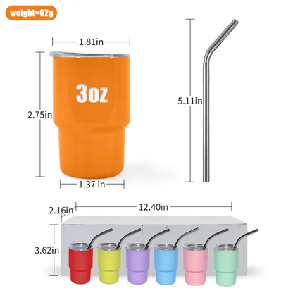 3oz Mini Shot Blank Sublimation Tumblers Cute Stainless Steel Cups with Metal Straw 48Pack USA Warehouse