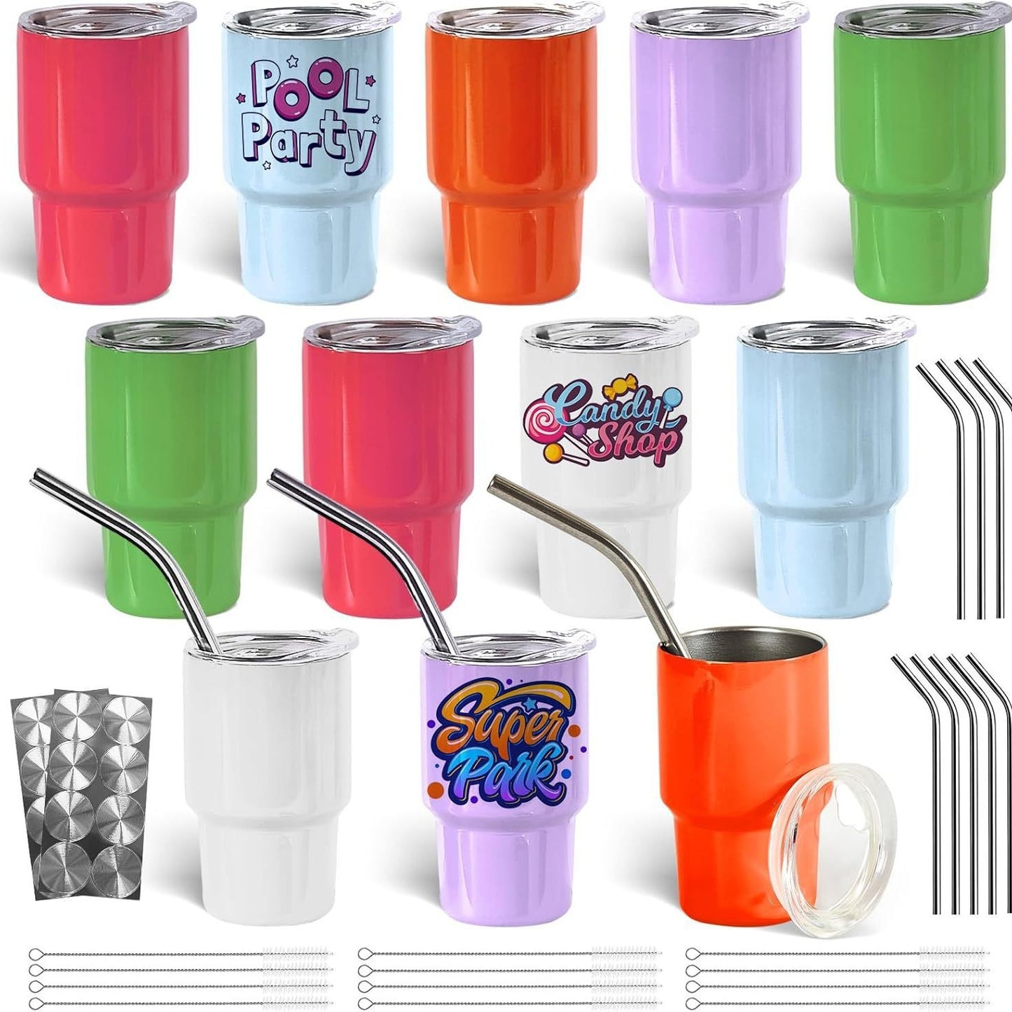 48Pack China Warehouse 3oz Mini Shot Tumblers for Blank Sublimation Cute Stainless Steel Cups with Metal Straw for Party