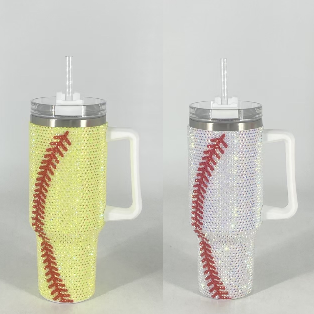 H1.0 40oz Baseball Bling Rhinestone Tumblers with Handle 20 Pack USA Warehouse