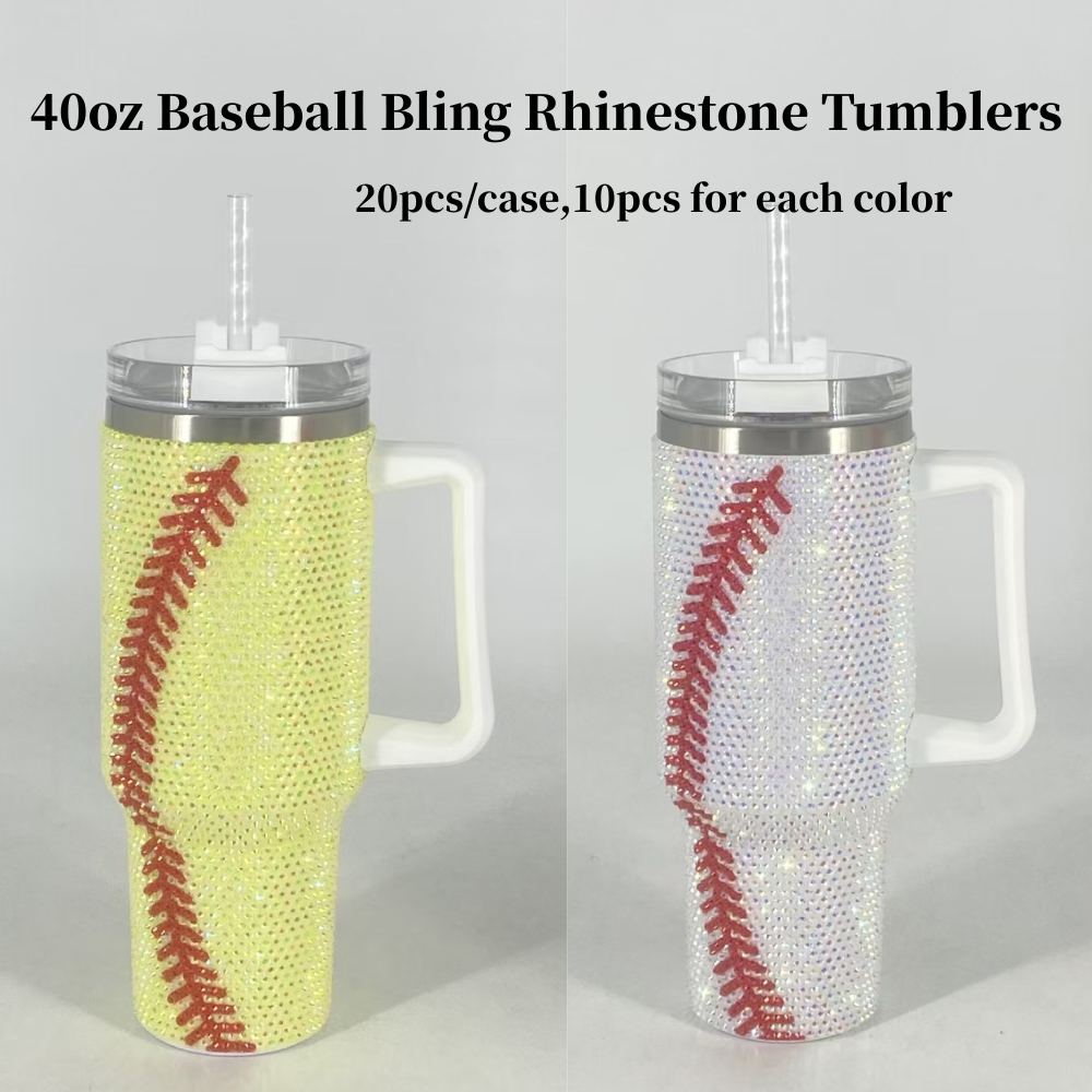 H1.0 40oz Baseball Bling Rhinestone Tumblers with Handle 20 Pack USA Warehouse