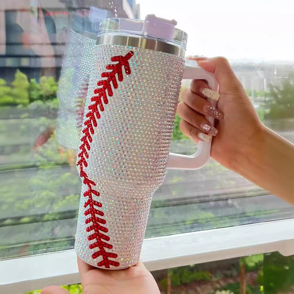 H1.0 40oz Baseball Bling Rhinestone Tumblers with Handle 20 Pack USA Warehouse
