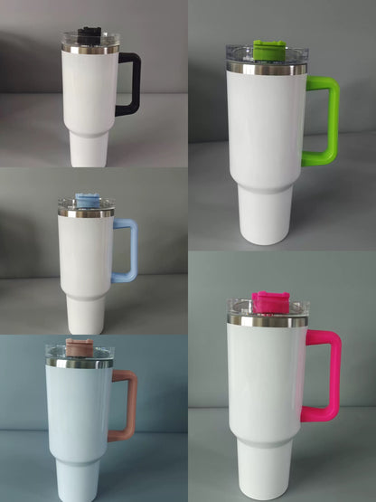 H1.0 40oz Glossy White Blank Sublimation Double Vacuum Mugs with Color Handle 20Pack China Warehouse