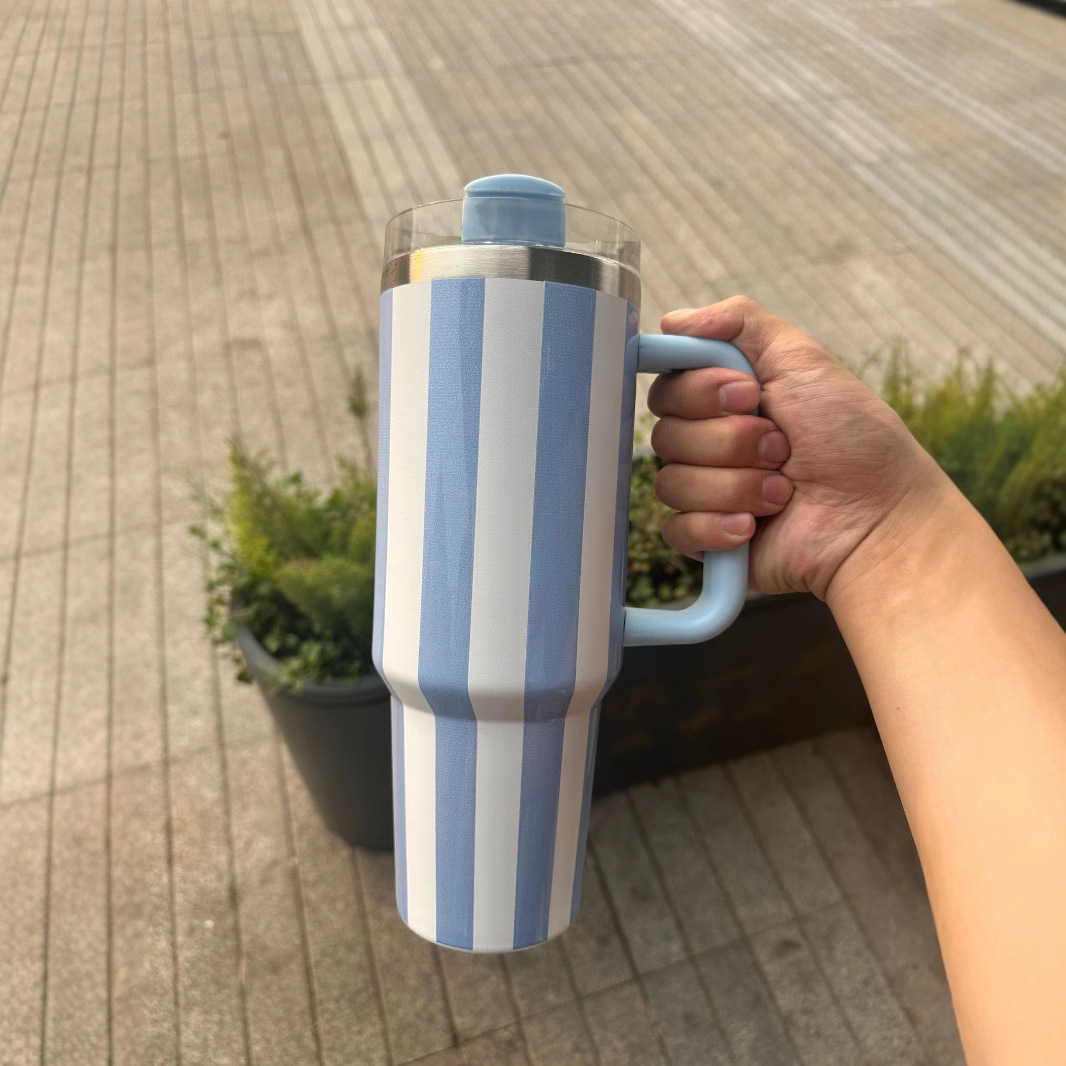 Newest 40oz Stripe Style Quencher Tumblers with Handle for Laser Engraving Gentle Colors Mugs 20Pack China Warehouse