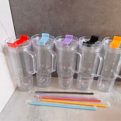 40oz Pre Drilled Hole Snow Globe Plastic Mugs with Handle and Coloful Lids and Straw 20 Pack China Warehouse