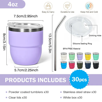 4oz Powder Coated Mini Shot Tumblers Inside with Enamel Coating for Laser Engraved 30Pack USA Warehouse