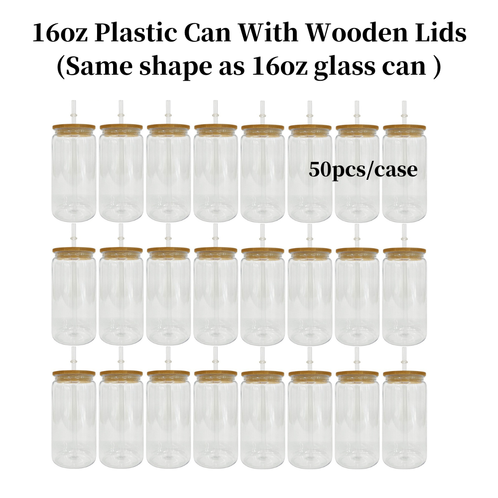 50 Pack BPA Free 16oz Plastic Can With Clear and Wooden Lids Suitable for UV DTF Wraps Kids Acrylic Plastic Cups (Same as glass can shape)