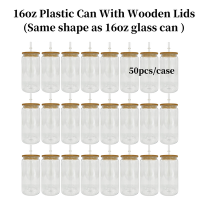 50 Pack BPA Free 16oz Plastic Can With Clear and Wooden Lids Suitable for UV DTF Wraps Kids Acrylic Plastic Cups (Same as glass can shape)