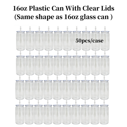 50 Pack BPA Free 16oz Plastic Can With Clear and Wooden Lids Suitable for UV DTF Wraps Kids Acrylic Plastic Cups (Same as glass can shape)