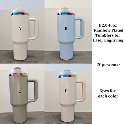 20Pack H2.0 40oz 🌈Rainbow Plated Tumblers Powder Coated Stainless Steel Quencher Tumbler for Laser Engraving