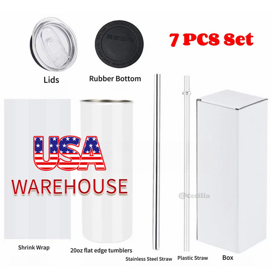 50 Pack USA Warehouse 20oz Flat Edge Blank Sublimation Skinny Tumbles White Color Stainless Steel Double Wall Cups