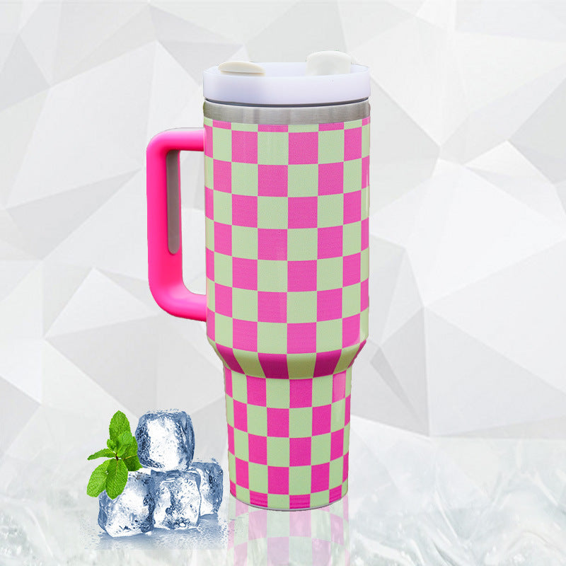 20Pack H2.0 40oz 3D Printed Checkerboard Design Tumblers with Handle Multi-color Plaid Double Wall Stainless Steel Water Mugs