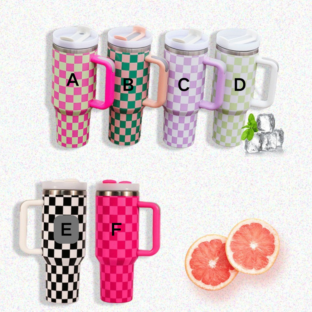 20Pack H2.0 40oz 3D Printed Checkerboard Design Tumblers with Handle Multi-color Plaid Double Wall Stainless Steel Water Mugs