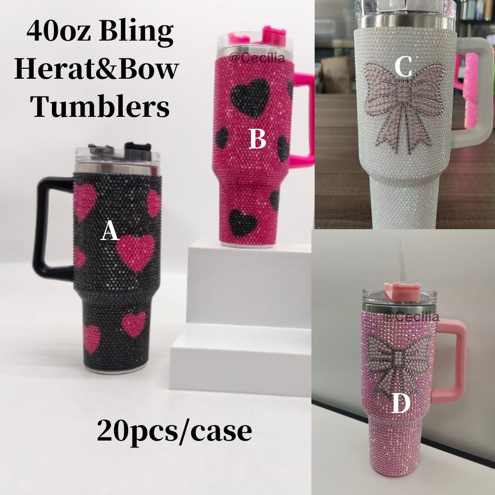 20Pack China Warehouse Valentine's Day 40oz Rhinestone Heart&Bow Printed Bling Tumblers Cute Style Mugs With Handle for Travel