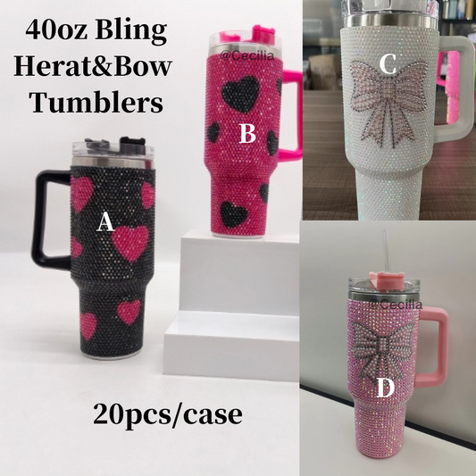 20Pack China Warehouse Valentine's Day 40oz Rhinestone Heart&Bow Printed Bling Tumblers Cute Style Mugs With Handle for Travel