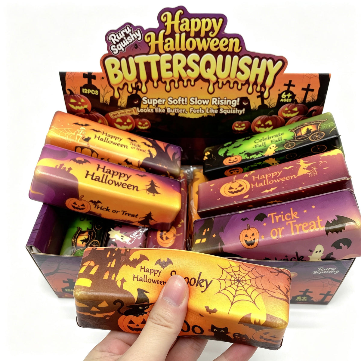 72 Pack Flour-filled TPR Butter Squishy Stress Relief Fidget Toy with PVC Gift Box Yellow Pink Halloween Style China Warehouse
