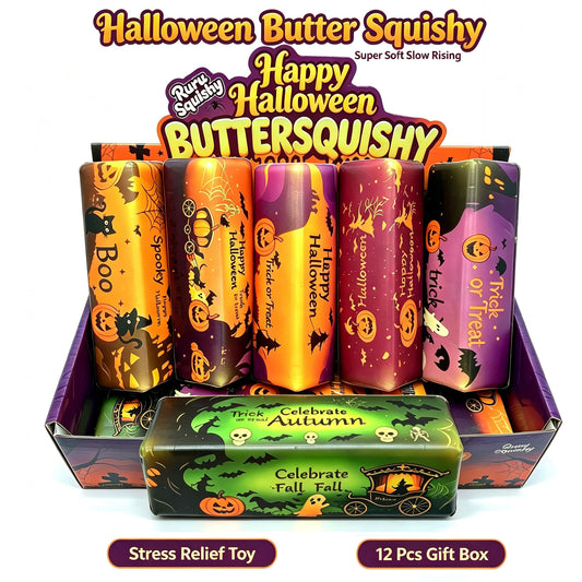 72 Pack Flour-filled TPR Butter Squishy Stress Relief Fidget Toy with PVC Gift Box Yellow Pink Halloween Style China Warehouse