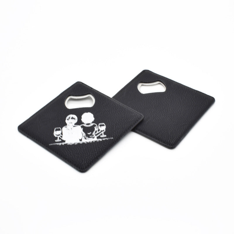 Leatherette Coaster Bottler Opener Engravable Engraved Square Leather Coaster Bottle Opener 50Pack