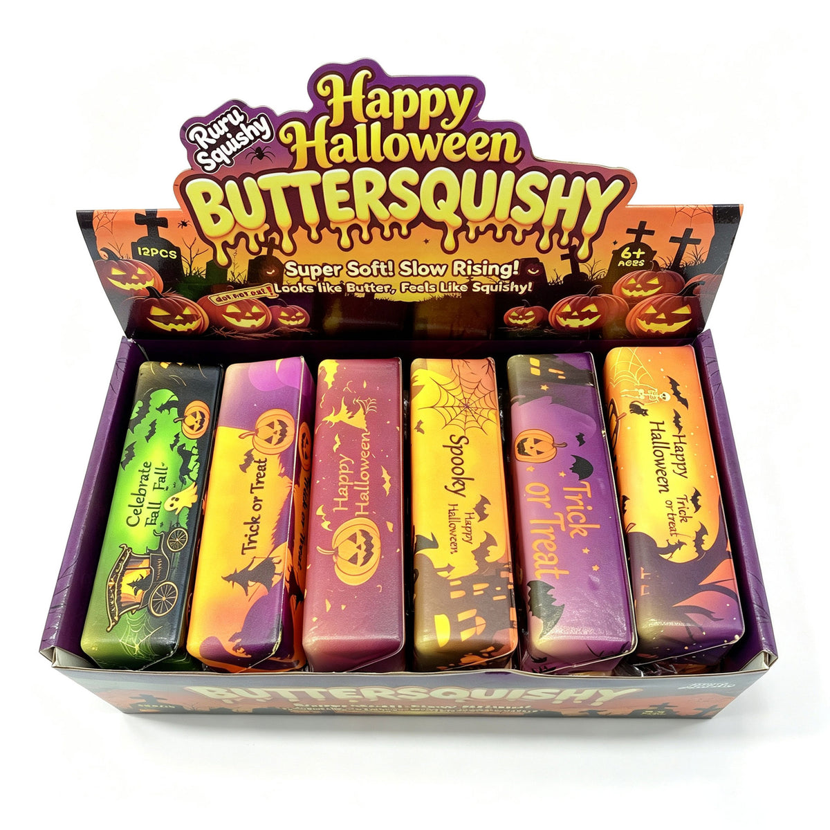 72 Pack Flour-filled TPR Butter Squishy Stress Relief Fidget Toy with PVC Gift Box Yellow Pink Halloween Style China Warehouse